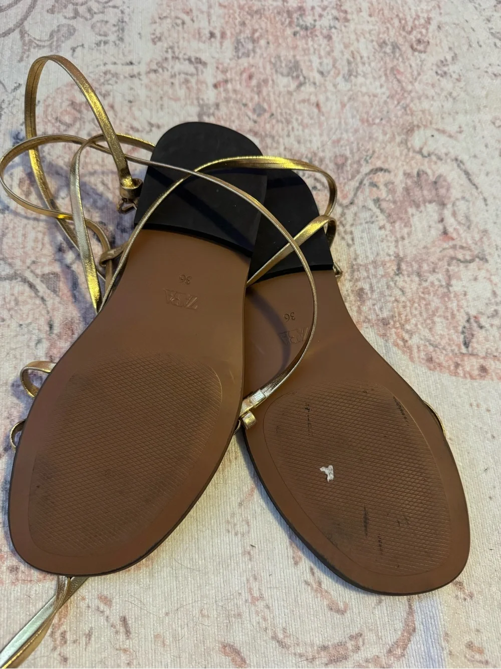 ZARA Metallic Gold Lace-Up Flat Sandals - Gold